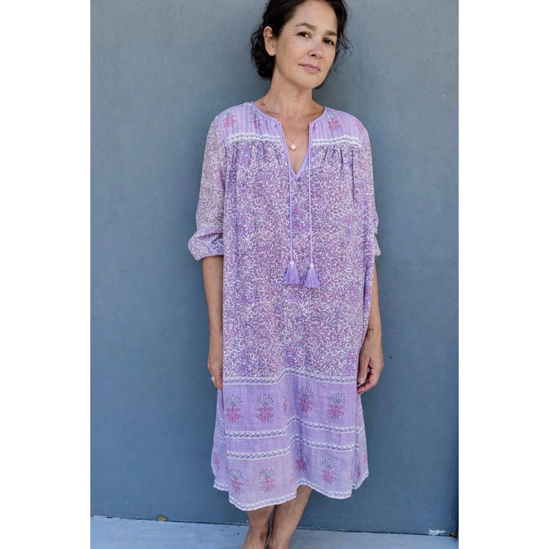 Romy Printed Long Dress With long Sleeves Side Pockets Lilac - Image 3