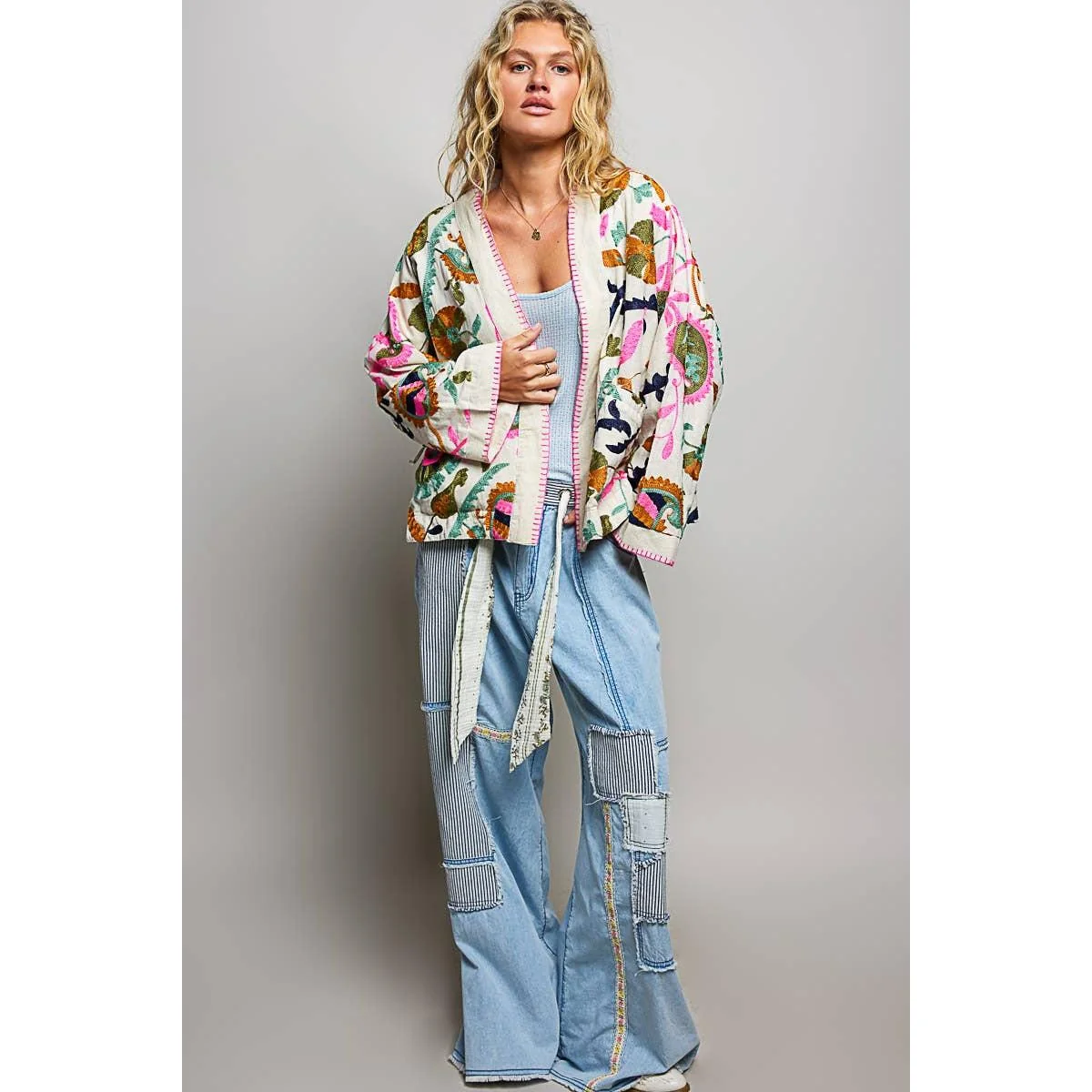 Stitch Embroidery Kimono Long Sleeve Top: NATURAL MULTI - Image 6