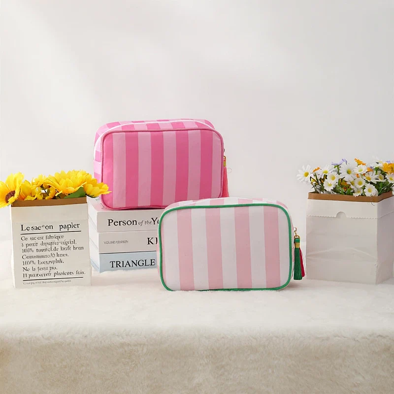 Striped Cosmetic Bag -Green & White Thin Stripes - Image 4