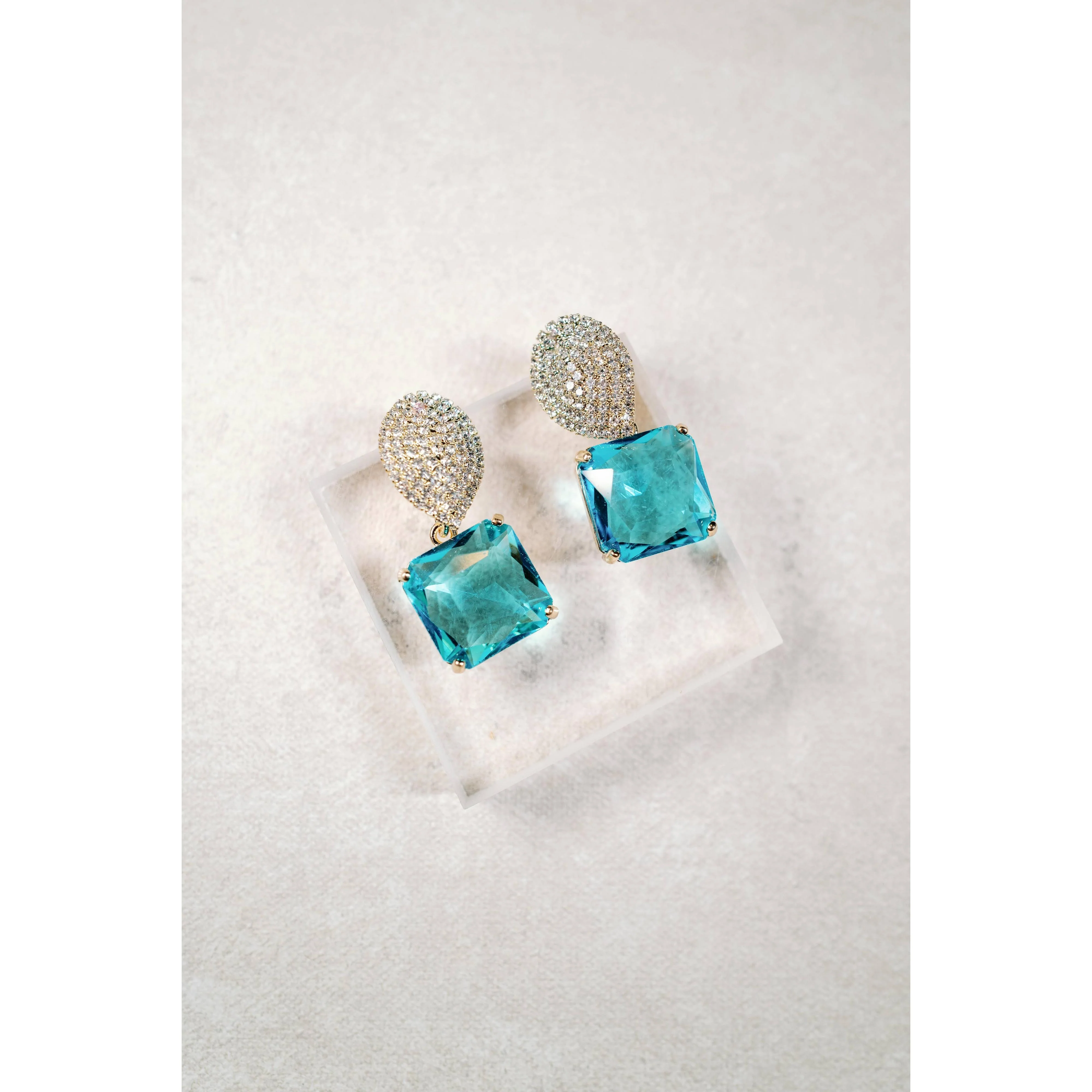 Turquoise Retro Pave Crystal Gum Drop Statement Earrings - Image 2